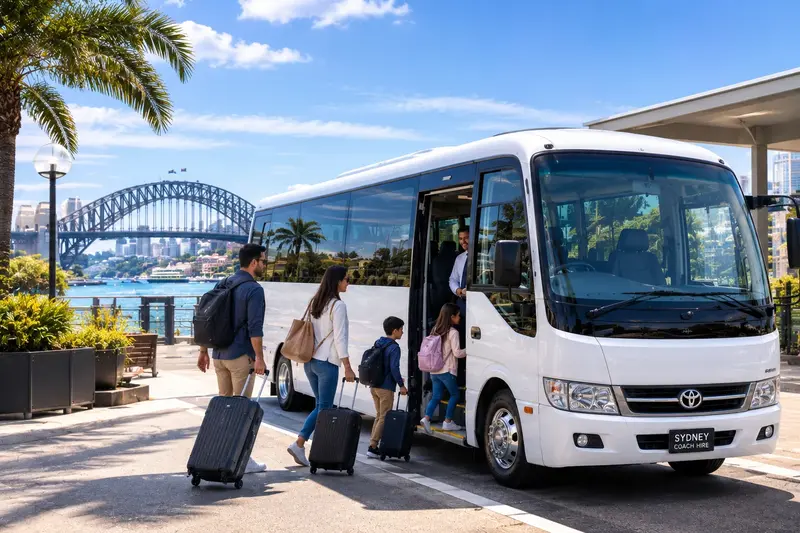 Coach hire Sydney with passengers near Sydney Harbour Bridge