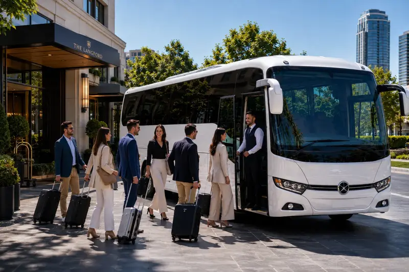 Corporate coach hire outside a Sydney hotel
