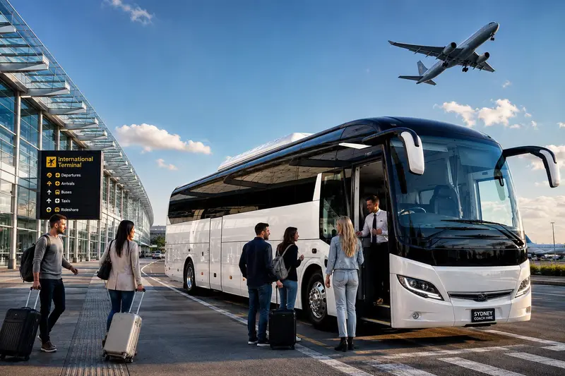 Coach hire Sydney airport transfer with passengers and luggage
